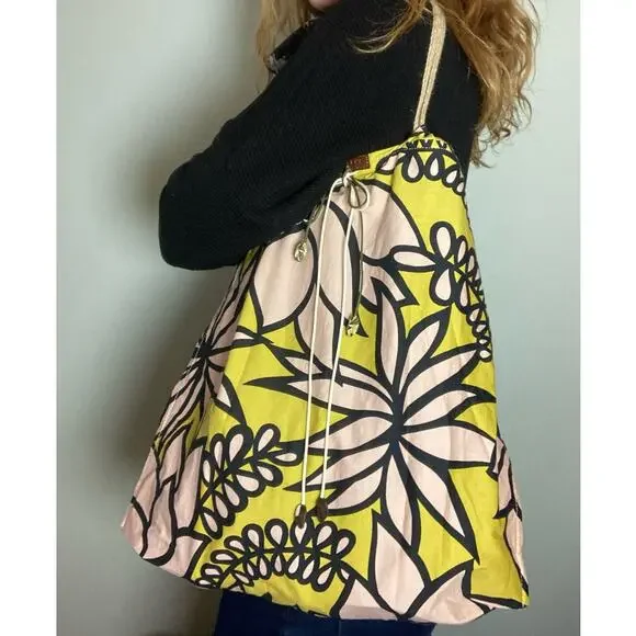 Marni Cloth Print Floral Tropical Palm Pink Yellow Tote Shoulder Bag 2010 Collab - Picture 1 of 9